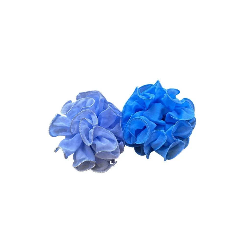 Blue Ruffle Flower Scrunchie Set Silver Metallic Trim Hair Accessories 2pc